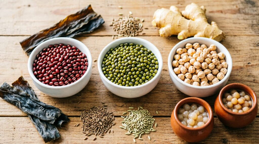 Disposition d'aliments anti-cholestérol de la médecine chinoise sur un plan de travail en bois : bols de haricots azuki, haricots mungo et pois chiches, algues kombu, gingembre frais, et 