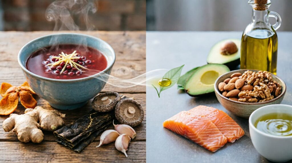 "Composition illustrant l'approche intégrative Est-Ouest contre le cholestérol. À gauche : bol fumant de soupe d'azuki avec écorce de mandarine séchée (Chen Pi), gingembre frais, algues kombu, champignons shiitake et ail sur table en bois - ingrédients de la Médecine Traditionnelle Chinoise. À droite : saumon riche en oméga-3, avocat, amandes, noix, huile d'olive extra vierge et thé vert sur surface moderne - aliments validés par la recherche nutritionnelle contemporaine. La fumée traversant les deux côtés symbolise la synergie entre sagesse ancestrale et preuves scientifiques."