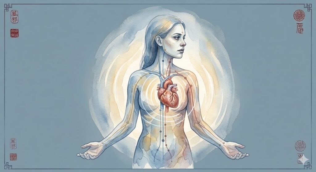Illustration du vide de sang du Cœur en médecine chinoise : silhouette pâle avec aura affaiblie autour du cœur, représentant l'insomnie par manque de Sang nourricier du Shen