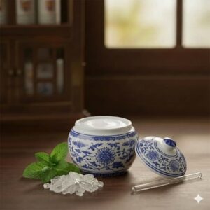 Pot de baume du tigre blanc avec étiquette rouge et blanche, formule rafraîchissante à base d'eucalyptus et menthol