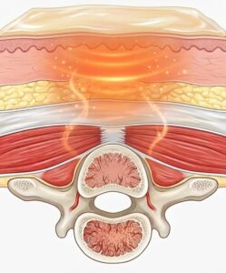 Personne se massant les lombaires avec baume du tigre rouge avec visualisation de la chaleur thérapeutique pénétrant en profondeur dans l'articulation,